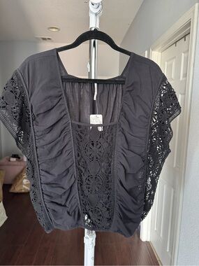 Free People Black Crochet-Panel Short-Sleeve Top